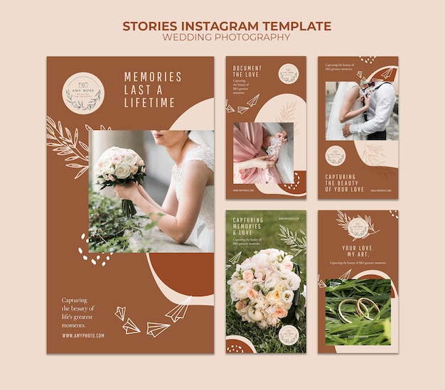 PSD colección de historias de instagram para servicio de fotografía de bodas