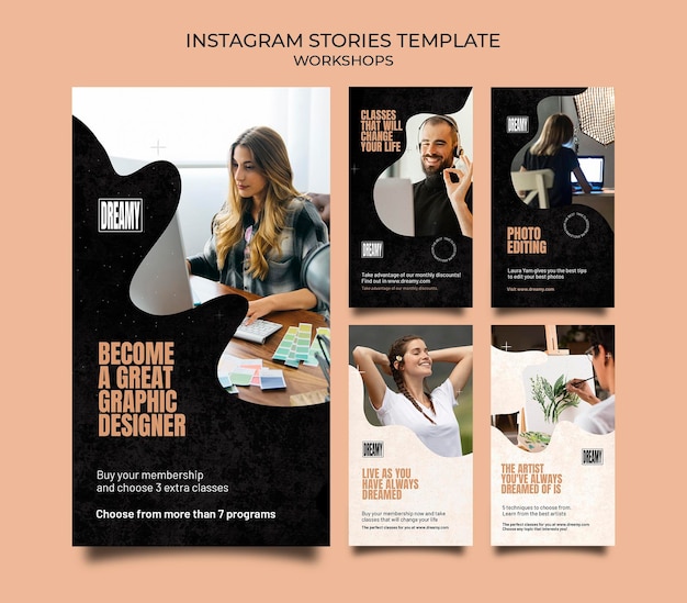 PSD colección de historias de instagram para talleres y clases de profesión.