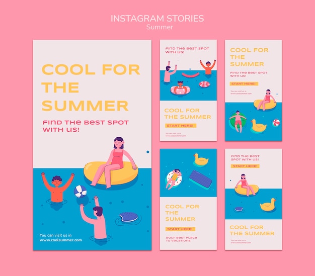 PSD colección de historias de instagram de verano con gente en la piscina