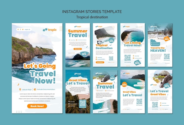 PSD colección de historias de instagram de viajes de destino tropical
