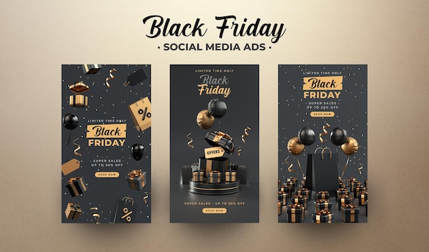 Colección de historias o anuncios de instagram de viernes negro con textos editables y cosas de compras en representación 3D