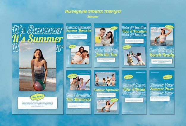 PSD colección de historias de verano de instagram con gente en la playa