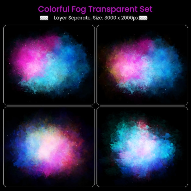 Colección de humo de nube de niebla colorida sobre fondo negro