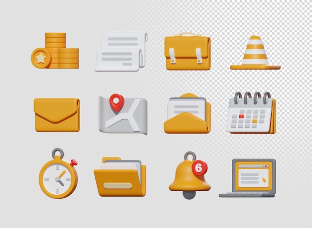 Colección de iconos 3D de accesorios básicos para oficinas y negocios