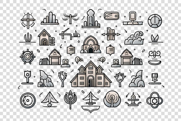 PSD una colección de iconos con una casa y una ciudad en el fondo