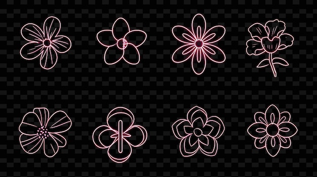 Colección de íconos de flores con brillo de neón pulsante en conjunto de neón PNG Iconic Y2K Shape Art Decorative