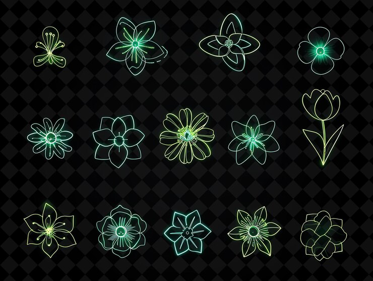 PSD colección de íconos de flores con brillo de neón pulsante en neon conjunto creativo coloración de neón de color y2k