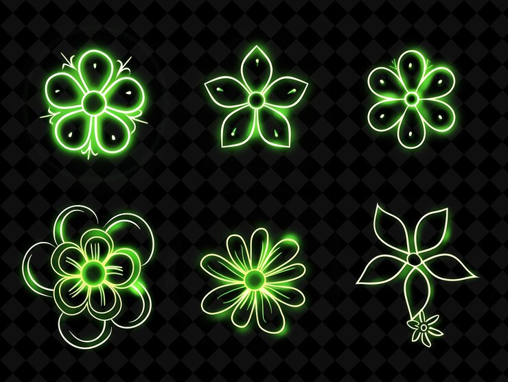 PSD colección de íconos de flores con brillo de neón pulsante en neon conjunto creativo coloración de neón de color y2k