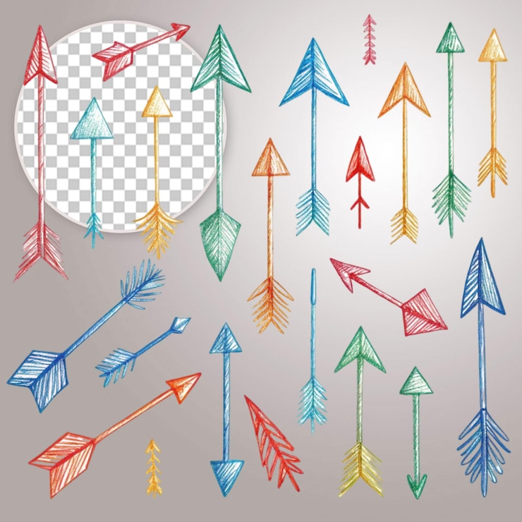 PSD colección de iconos de líneas de flechas coloridas dibujadas a mano en un fondo transparente