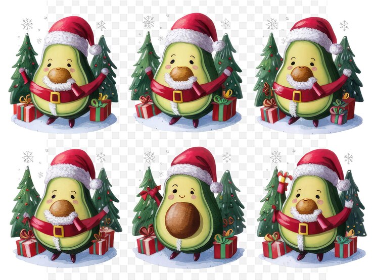 PSD una colección de iconos de navidad que incluyen un pollo y un aguacate