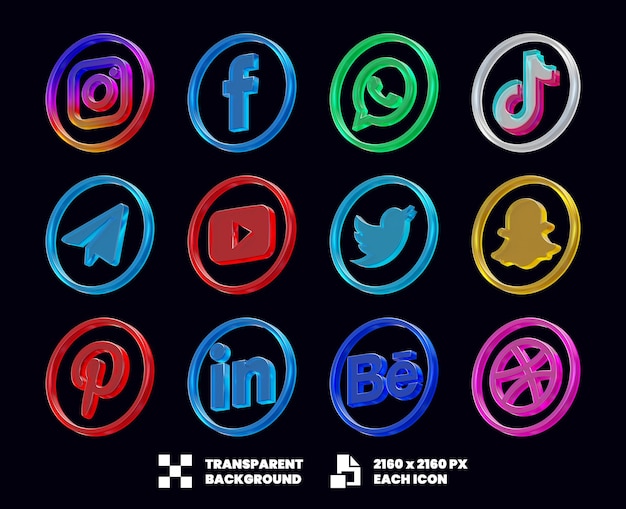 PSD colección de iconos de vidrio de redes sociales 3d