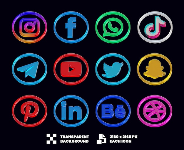 PSD colección de iconos de vidrio de redes sociales modelo 3d