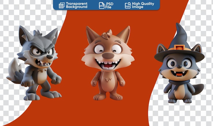 PSD colección de ilustraciones de dibujos animados 3d para niños set werewolf en la noche de halloween