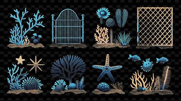 Una colección de ilustraciones de la vida submarina, incluidos el coral de peces azules y el coral