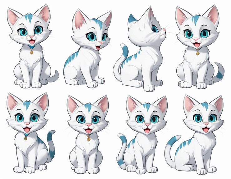 PSD una colección de imágenes de gatos de dibujos animados con ojos de diferentes colores