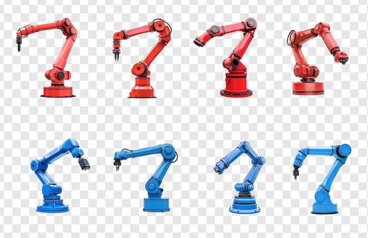 PSD colección de la industria robótica brazo azul y rojo aislado sobre un fondo transparente