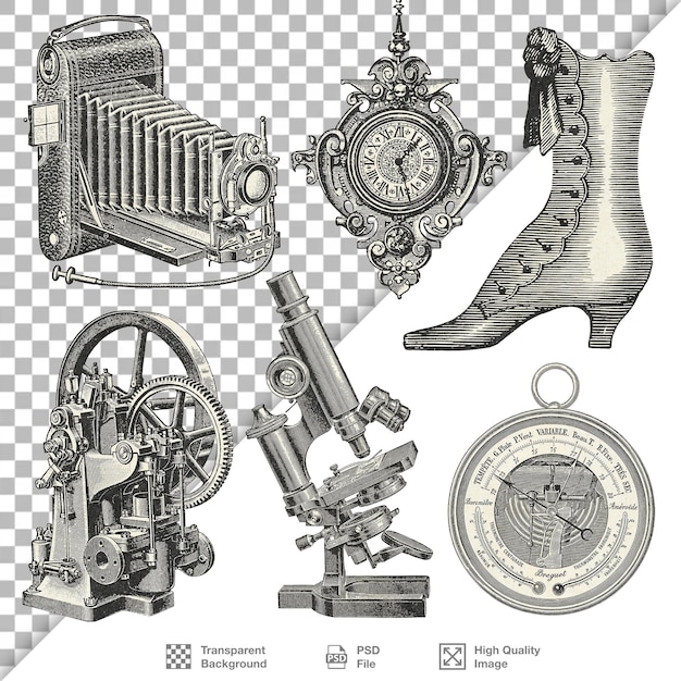 Colección de instrumentos científicos e industriales antiguos ilustración archivo psd transparente bg