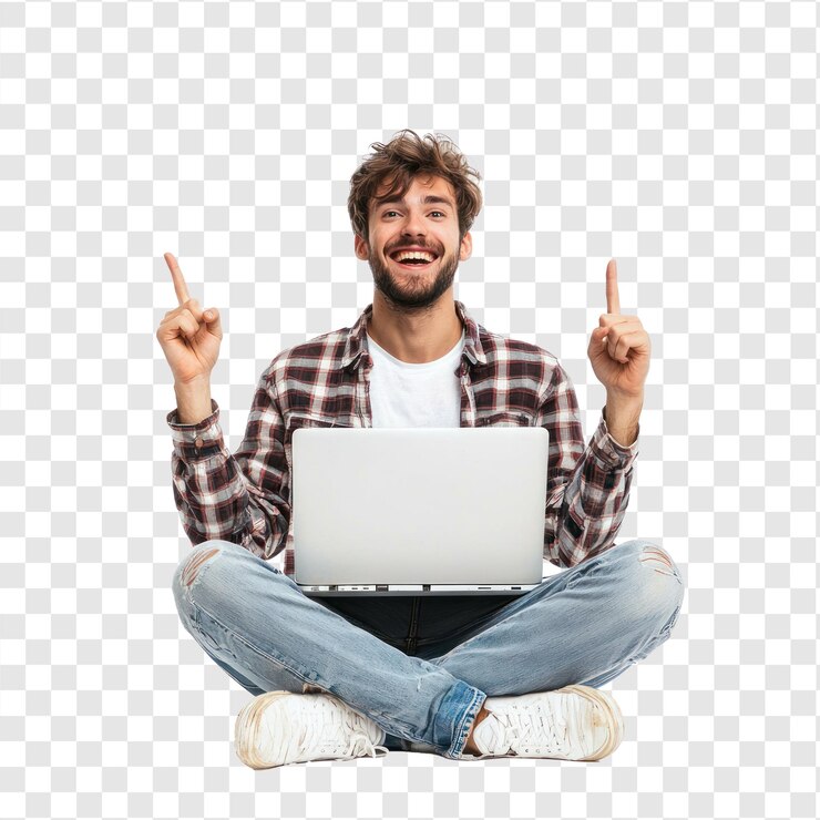 PSD colección de joven y mujer felices sentados con las piernas cruzadas con una computadora portátil en el aire con la mano apuntando al espacio vacío izquierdo vista frontal aislada sobre un fondo transparente