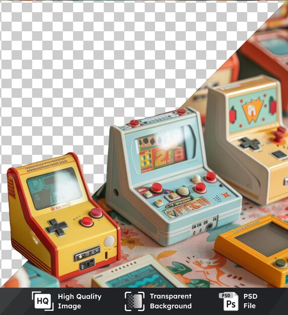 Colección de juegos de arcade clásicos psd de alta calidad transparente con una variedad de juguetes coloridos, incluido un juguete amarillo, un juguete naranja y amarillo y un botón rojo mostrado en una mesa.