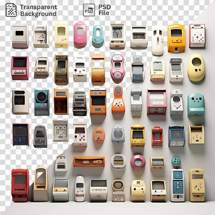 PSD colección de juegos de arcade clásicos con una variedad de teléfonos celulares coloridos, incluidos modelos grises, plateados, rosados, azules, naranjas y rojos dispuestos en una fila de izquierda a derecha.