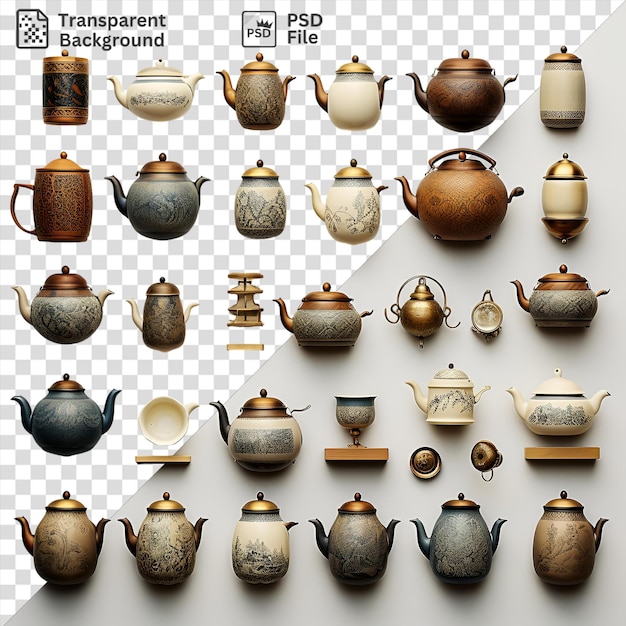 PSD colección de juegos de té vintage con una variedad de teteras de diferentes tamaños y colores, incluidas teteras marrones, blancas y pequeñas, así como una teteras con