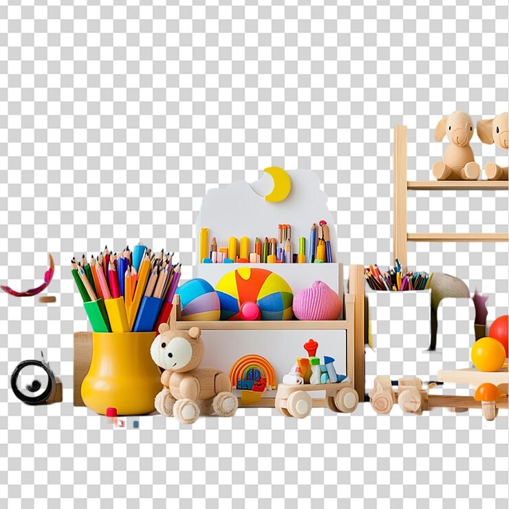 PSD colección de juguetes coloridos en el escritorio aislado sobre un fondo transparente