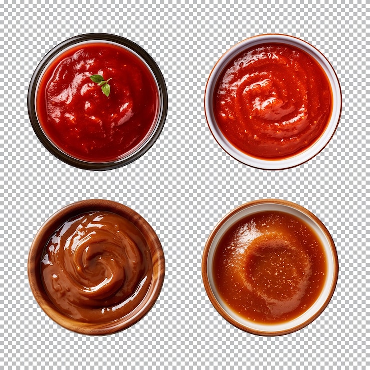 PSD colección de ketchup o salsa en un cuenco aislado sobre un fondo transparente