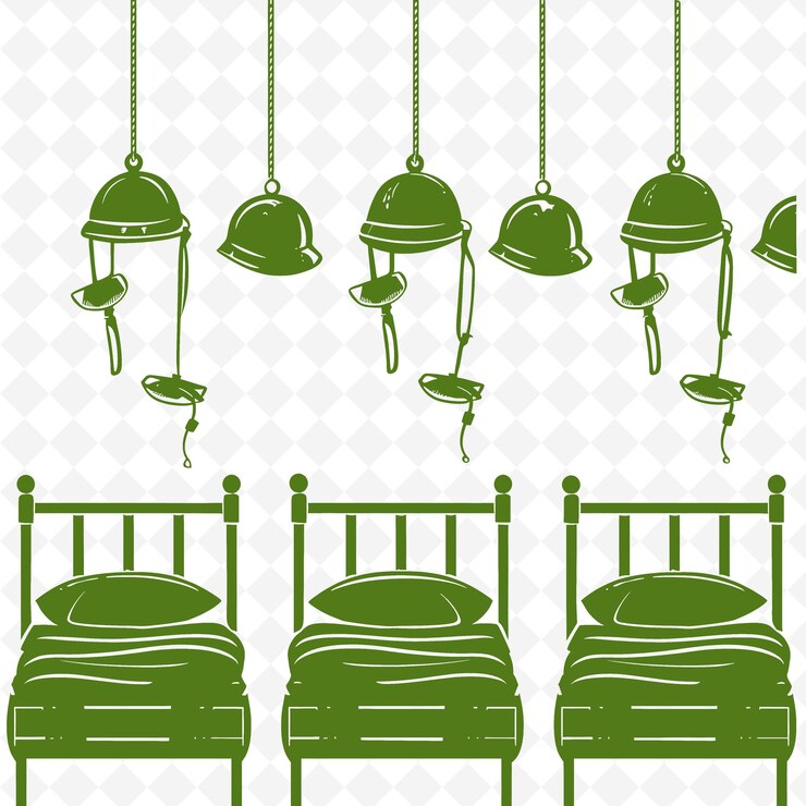 PSD una colección de lámparas colgantes y una cama con un fondo verde