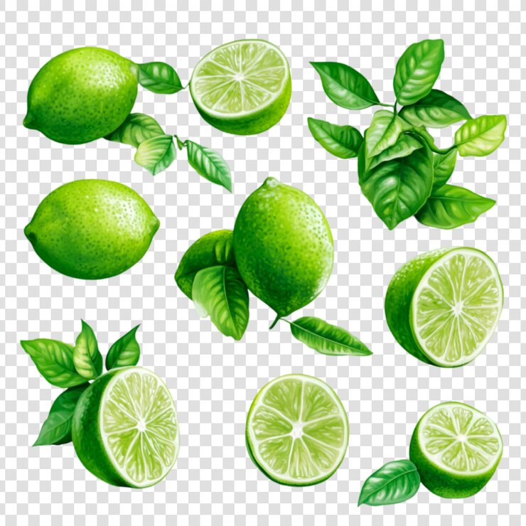 PSD colección de limas verdes y frutas cítricas frescas