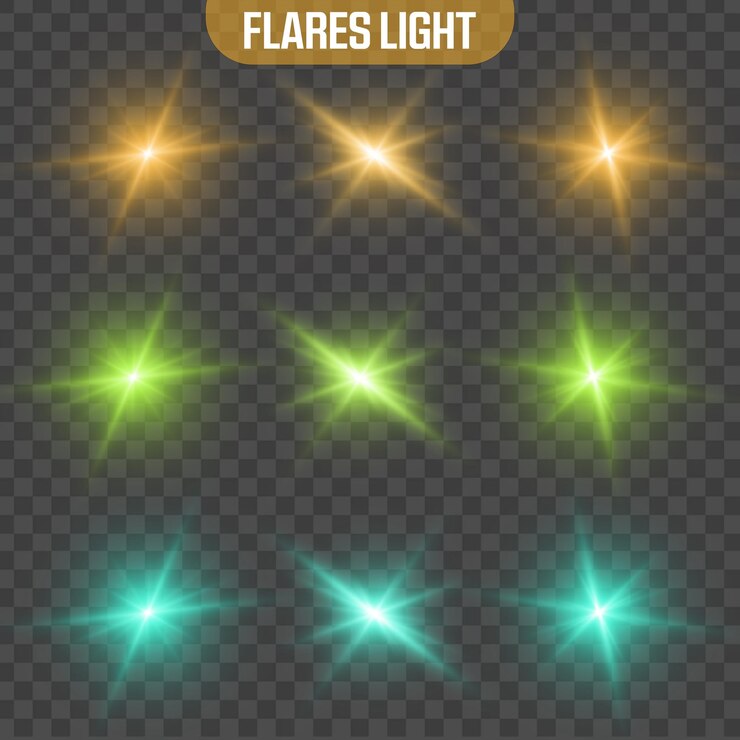 Colección de llamaradas luminosas brillantes Efectos verde dorado y cian