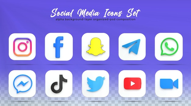 PSD colección de logotipos de redes sociales de iconos de redes sociales 3d con estilo brillante de representación 3d