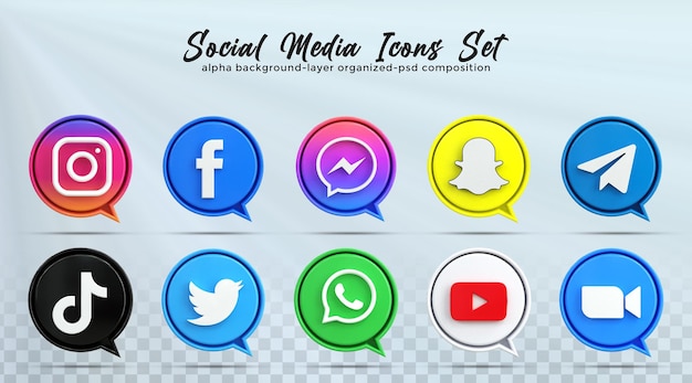 PSD colección de logotipos de redes sociales de iconos de redes sociales 3d con estilo brillante de representación 3d