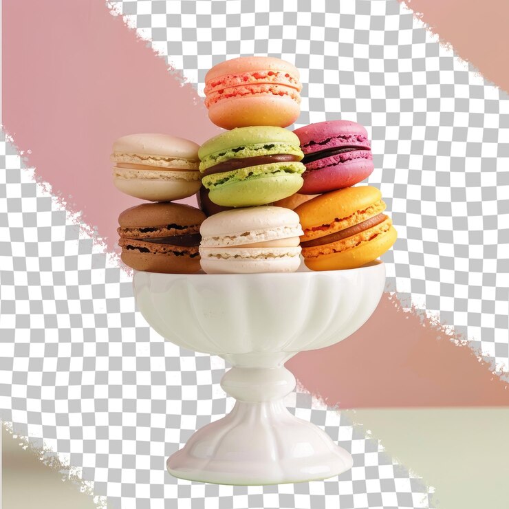 PSD una colección de macarrones coloridos en un plato con un fondo rosa