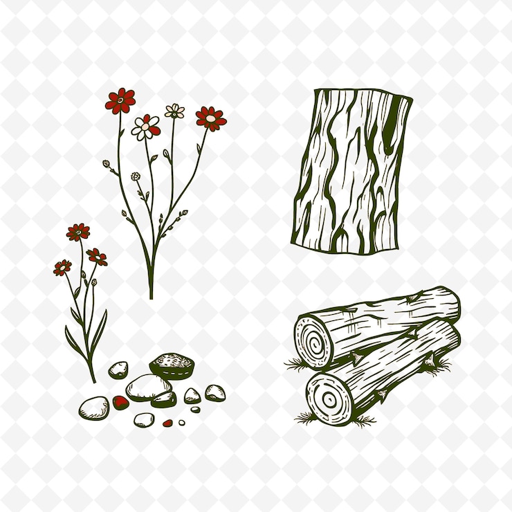 PSD una colección de madera y flores y plantas