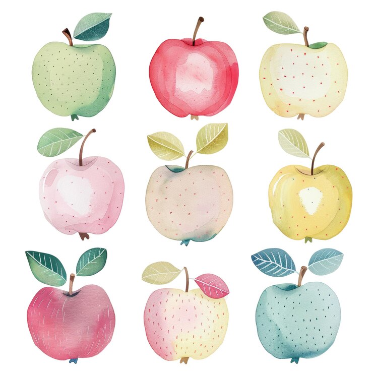PSD colección de manzanas de acuarela arte ilustrativo de frutas con colores y hojas variados