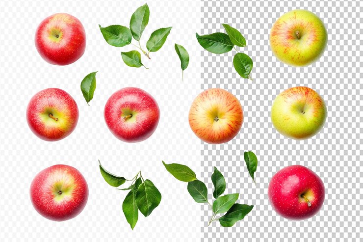 PSD colección de manzanas y sus hojas vibrantes claramente aisladas sobre un fondo blanco que muestra la belleza natural