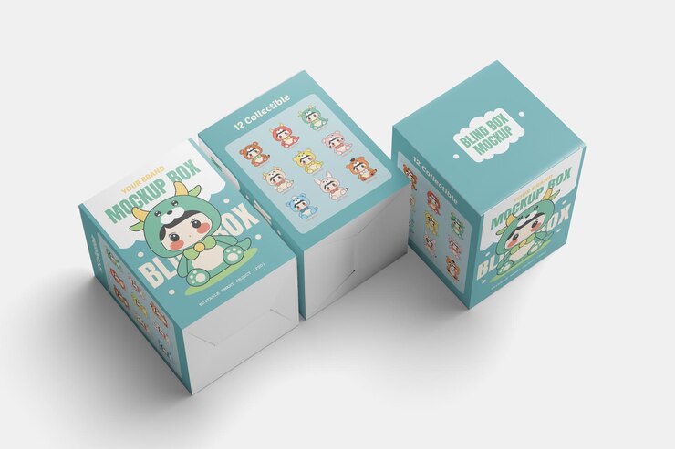PSD colección de maquillas de cajas ciegas con personajes de dibujos animados