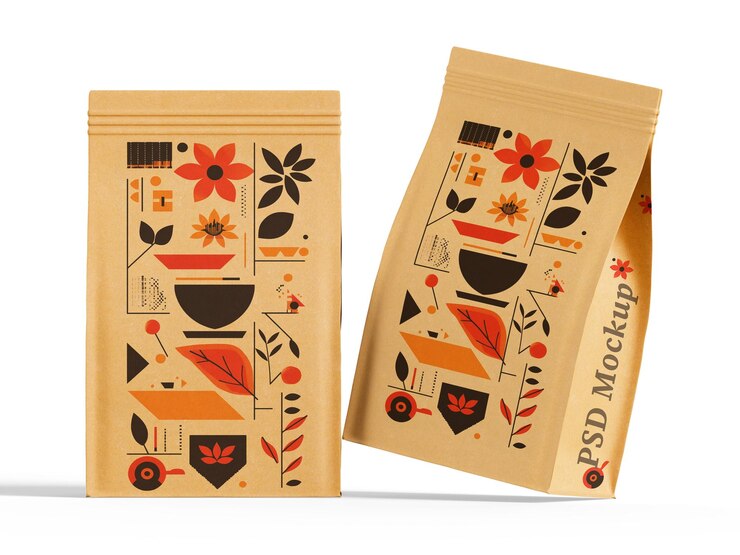 PSD colección de mockups de bolsas verticales para packaging de café, snacks, etc.