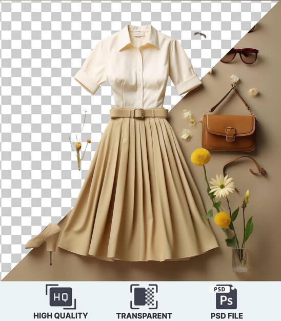 Colección de moda vintage de alta calidad transparente psd con un vestido blanco con un cinturón marrón emparejado con gafas de sol marrones y un sombrero de paja la colección se complementa con un jarrón de vidrio transparente