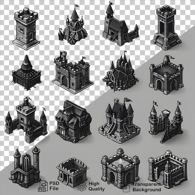 Una colección de modelos de un castillo con un edificio en el fondo
