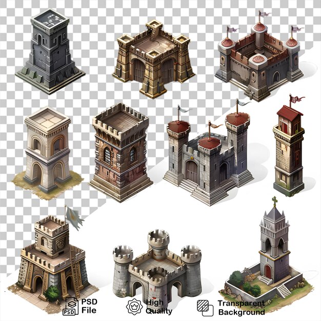 PSD una colección de modelos de un castillo con un edificio en el fondo