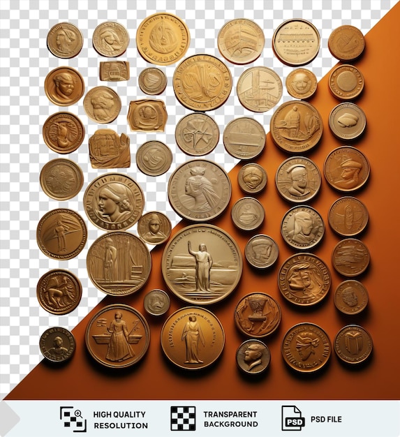 PSD colección de monedas numismáticas fotográficas realistas exhibidas contra una pared naranja con una variedad de monedas de oro, plata y redondas