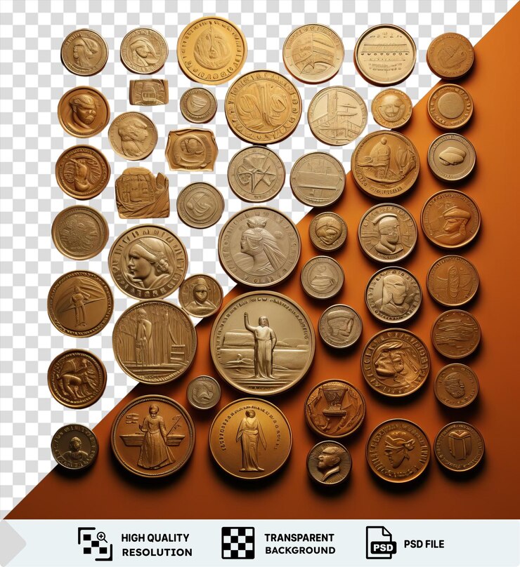 PSD colección de monedas numismáticas fotográficas realistas exhibidas contra una pared naranja con una variedad de monedas de oro, plata y redondas