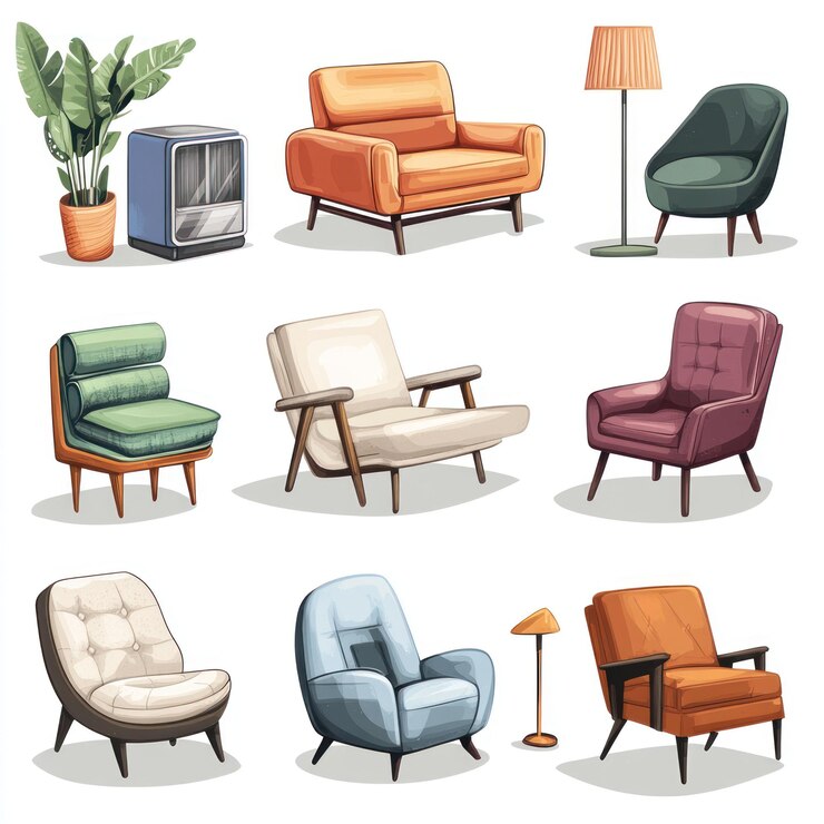 PSD colección de muebles modernos de mediados de siglo sillones lámparas de calefacción de plantas