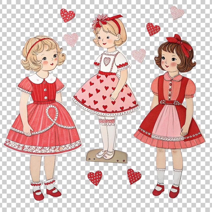 PSD colección de muñecas de papel vintage con temática de san valentín