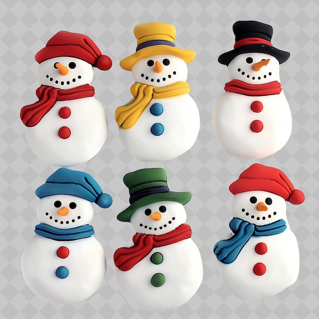 una colección de muñecos de nieve con sombreros y sombreros