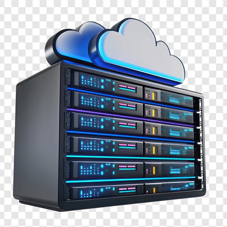 PSD colección de nube digital 3d y almacenamiento de base de datos vista lateral aislada en fondo de transparencia