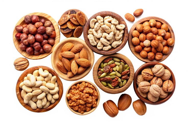 Una colección de nueces mezcladas y frutas secas en un cuenco vista superior en BG transparente
