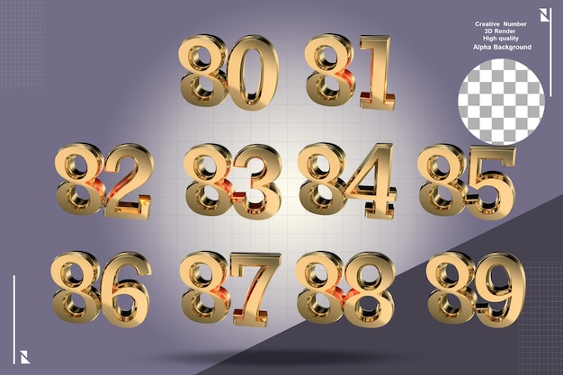 Colección de números 3d de oro limpio 80 a 89