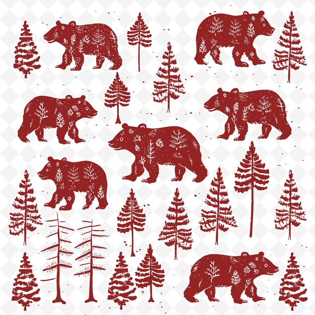 PSD una colección de osos y árboles en rojo y blanco